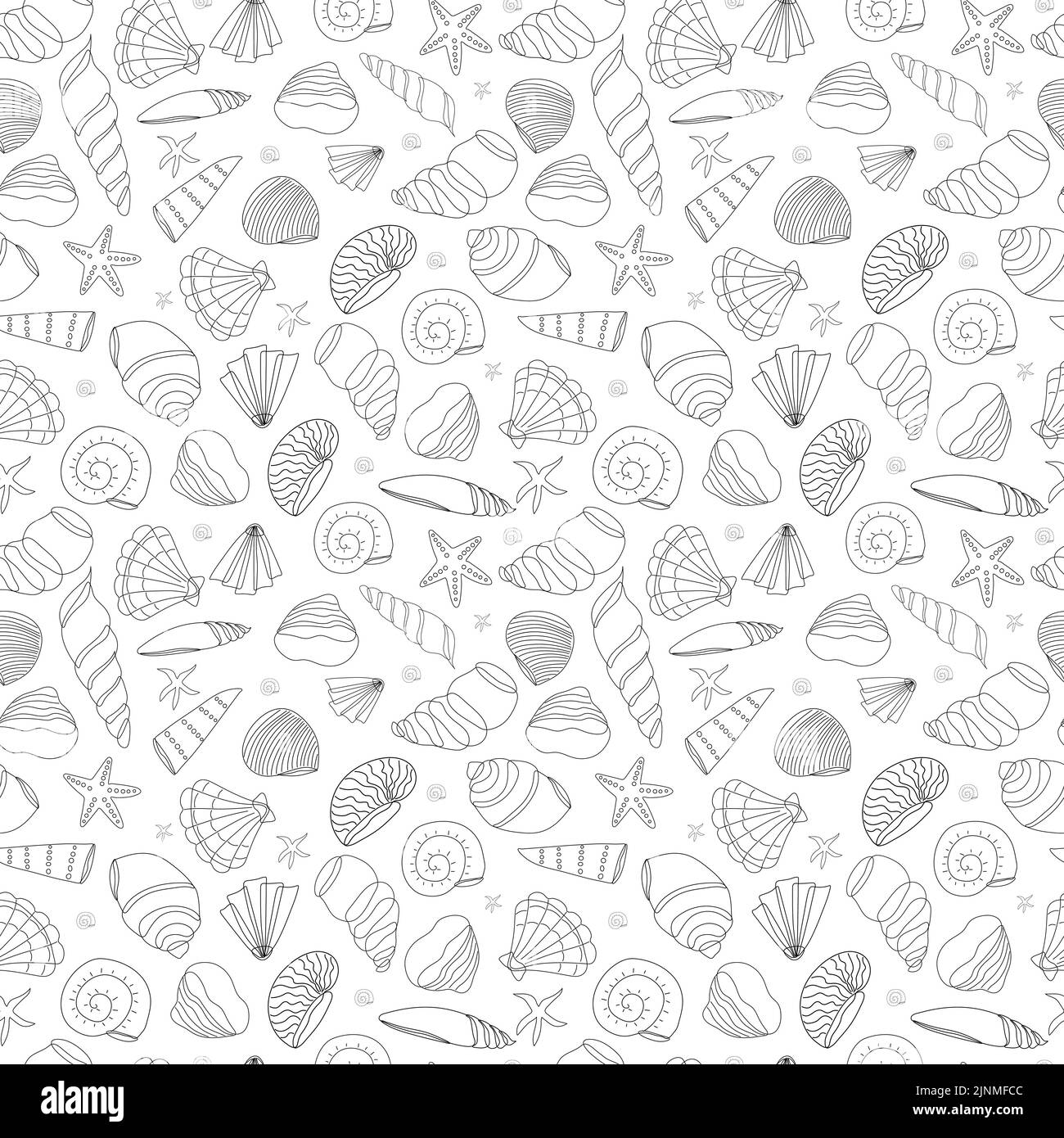 Nahtloses Muschelmuster in einer Kontur auf weißem Hintergrund. Doodle Illustration. Stock Vektor