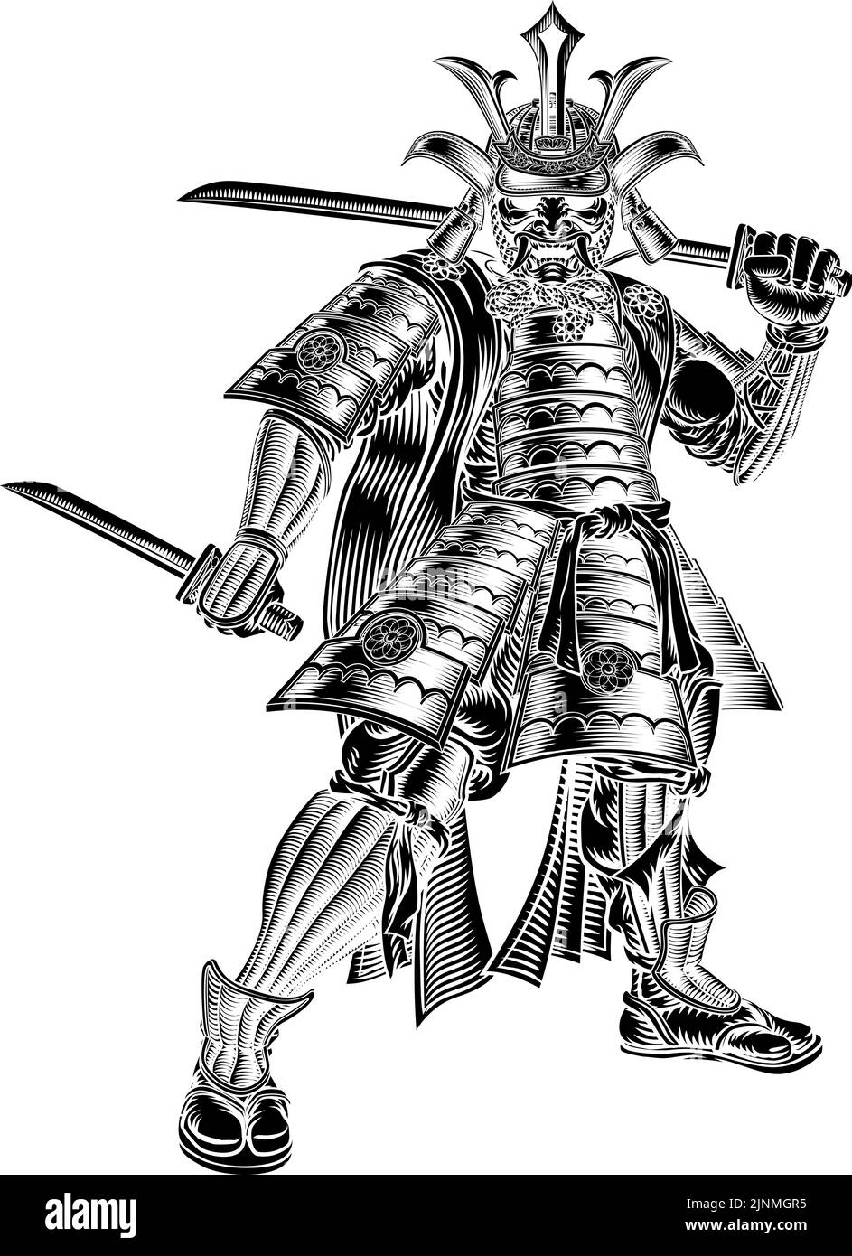Samurai Japanischer Krieger Vintage Ätzkunst Stil Stock Vektor