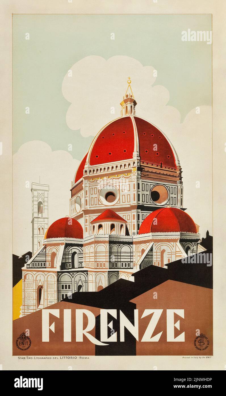 FLORENZ - Florenz, Italien Reiseplakat (ENIT, c. 1930s) Kathedrale Santa Maria del Fiore und Brunelleschi's Dome. Italienisches Reiseposter. Stockfoto