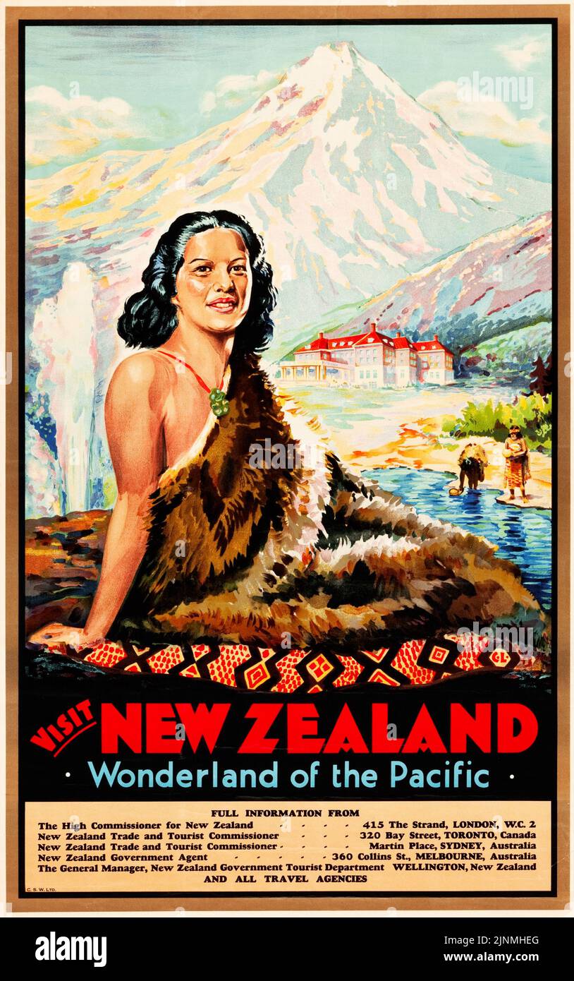 Neuseeland Reise Poster (C.S.W. Ltd, Dunedin, c. 1935) „Wunderland des Pazifiks“, eine gebürtige Frau. Stockfoto