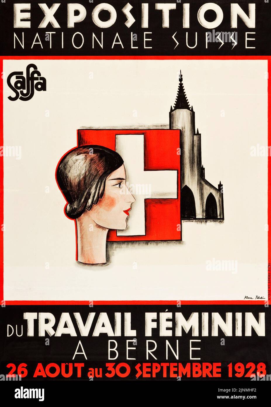 Ausstellung Nationale Suisse, Schweiz Reiseplakat. Du travail feminin a Berne. (Fretz Frère, S. A. Zürich, 1928) Stockfoto