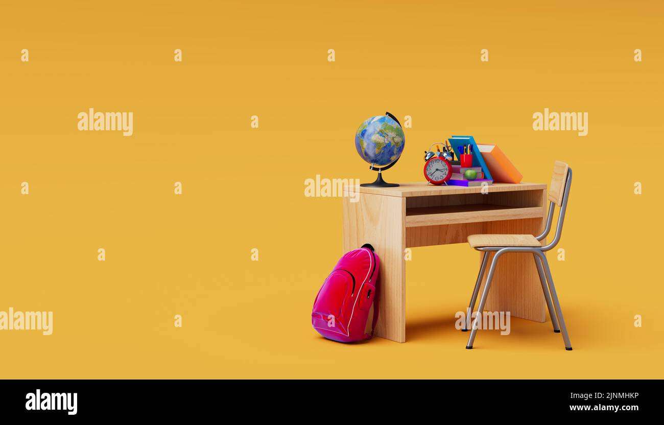 Schulschreibtisch mit Schulzubehör und Rucksack auf farbigem Hintergrund. 3D Rendering Stockfoto