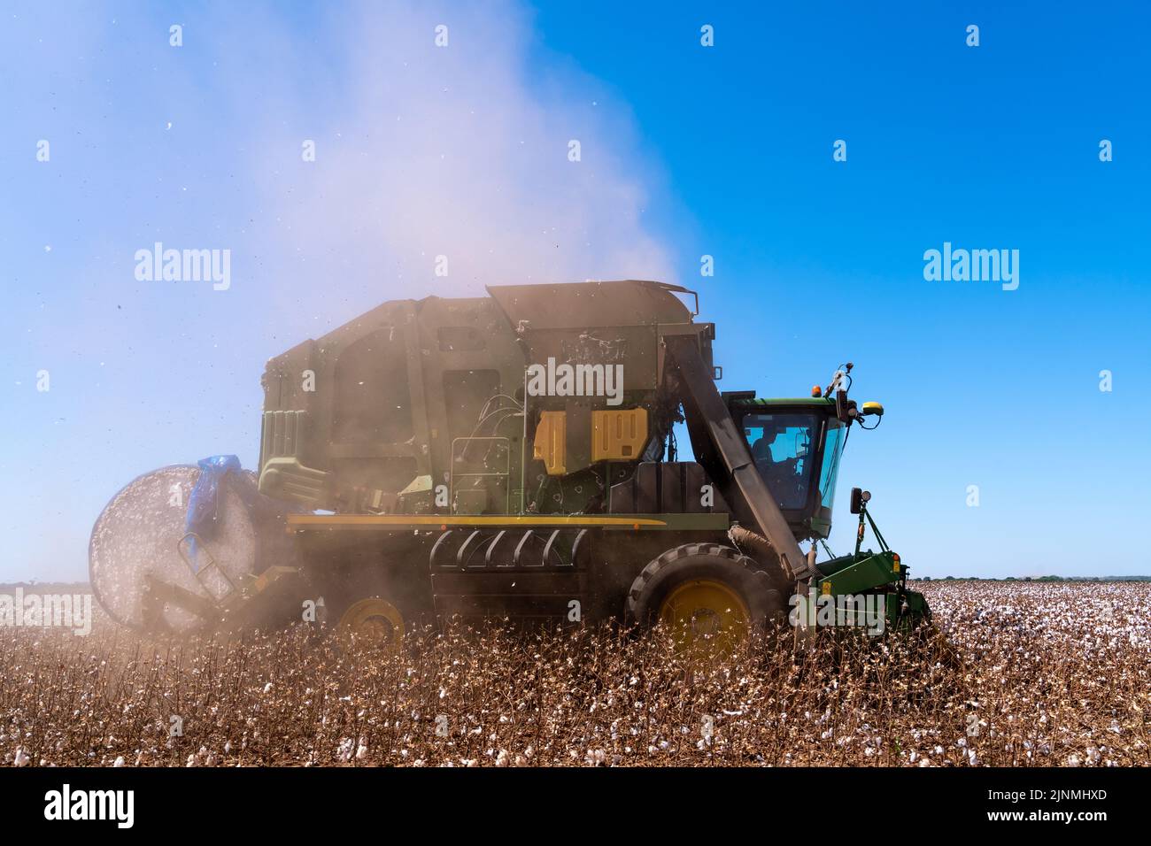 Mato Grosso, Brasilien, Juli 18 2022: Moderne Harvestermaschine, die am Sommertag bei der Baumwollernte arbeitet. Mato Grosso, Brasilien. Konzept der Landwirtschaft. Stockfoto