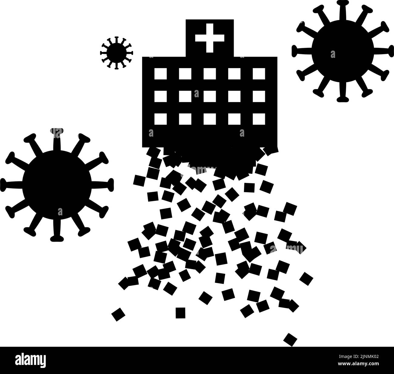 Abbildung eines Krankenhauses, das aufgrund des Zusammenbruchs der medizinischen Versorgung durch Korona zusammenbricht Stock Vektor