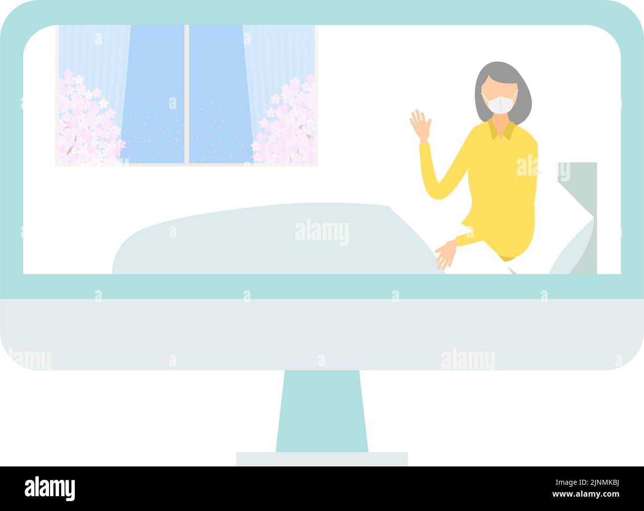 Stationäre Frau, die im Bett für einen Online-Besuch aufsteht Stock Vektor