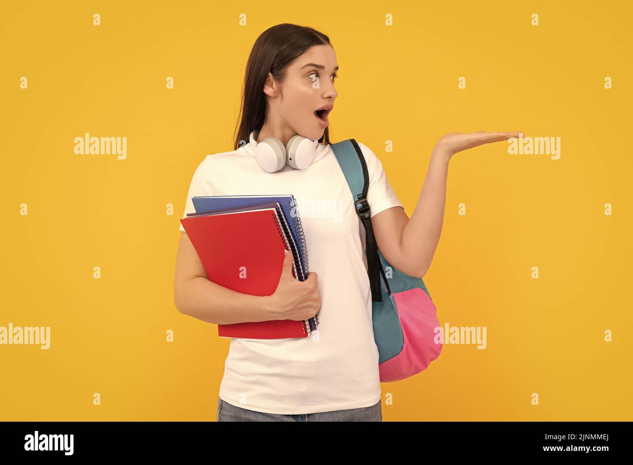 Privatlehrer mit Copybooks und Kopfhörern. Zurück zur Schule. Modernes Bildungskonzept. Stockfoto