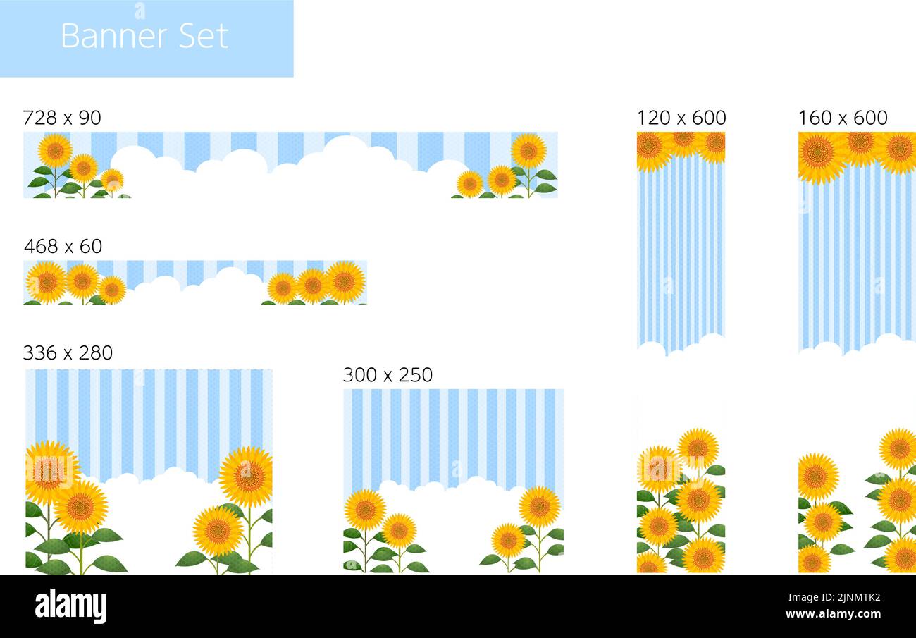 Sonnenblumenfeld, Eingangswolke und Banner mit gestreiftem Hintergrund, 6 Arten Stock Vektor