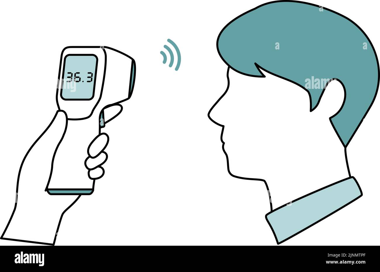 Bild eines Mannes, der die Körpertemperatur mit einem berührungslosen Thermometer misst Stock Vektor