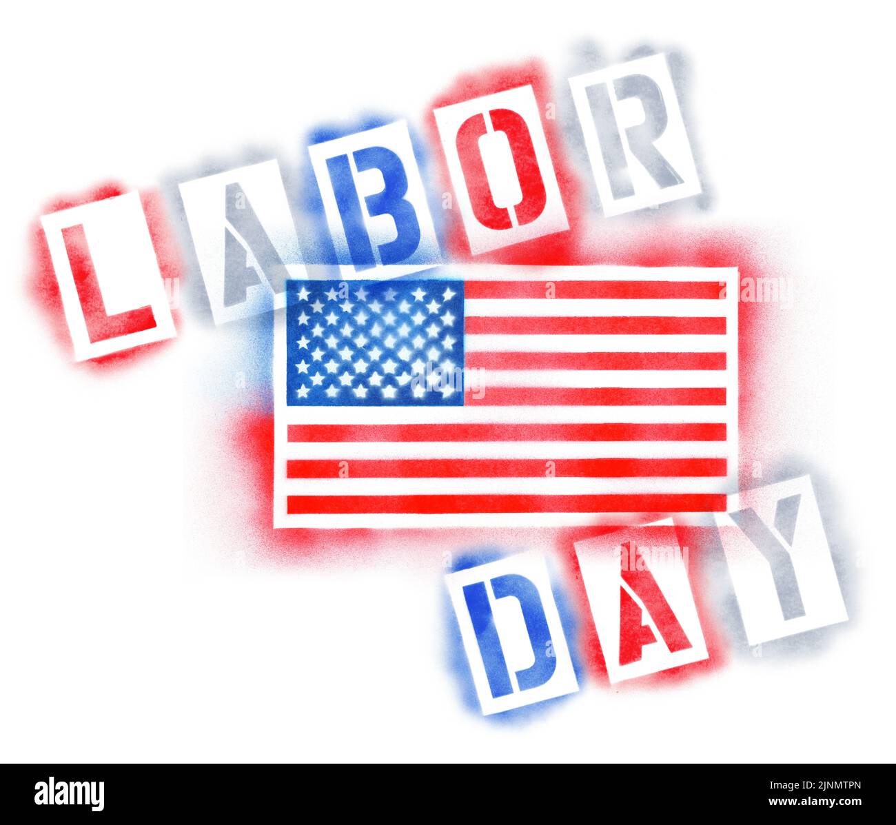US-amerikanische Flagge und Labour Day-Text in roten, weißen und blauen Sprühschablonen, isoliert auf weiß Stockfoto