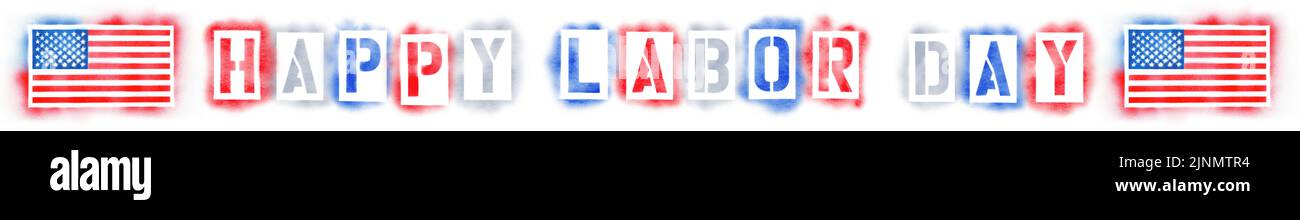 Amerikanische Flagge und Happy Labor Day Text in rot, weiß und blau Sprühschablonen isoliert auf weiß Stockfoto