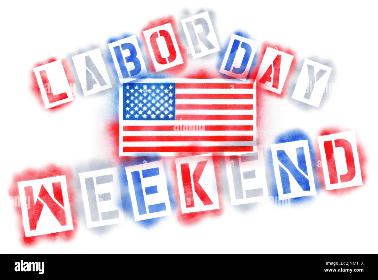 Amerikanische USA-Flagge und Labour Day-Wochenendtext in roten, weißen und blauen Sprühschablonen, isoliert auf weiß Stockfoto