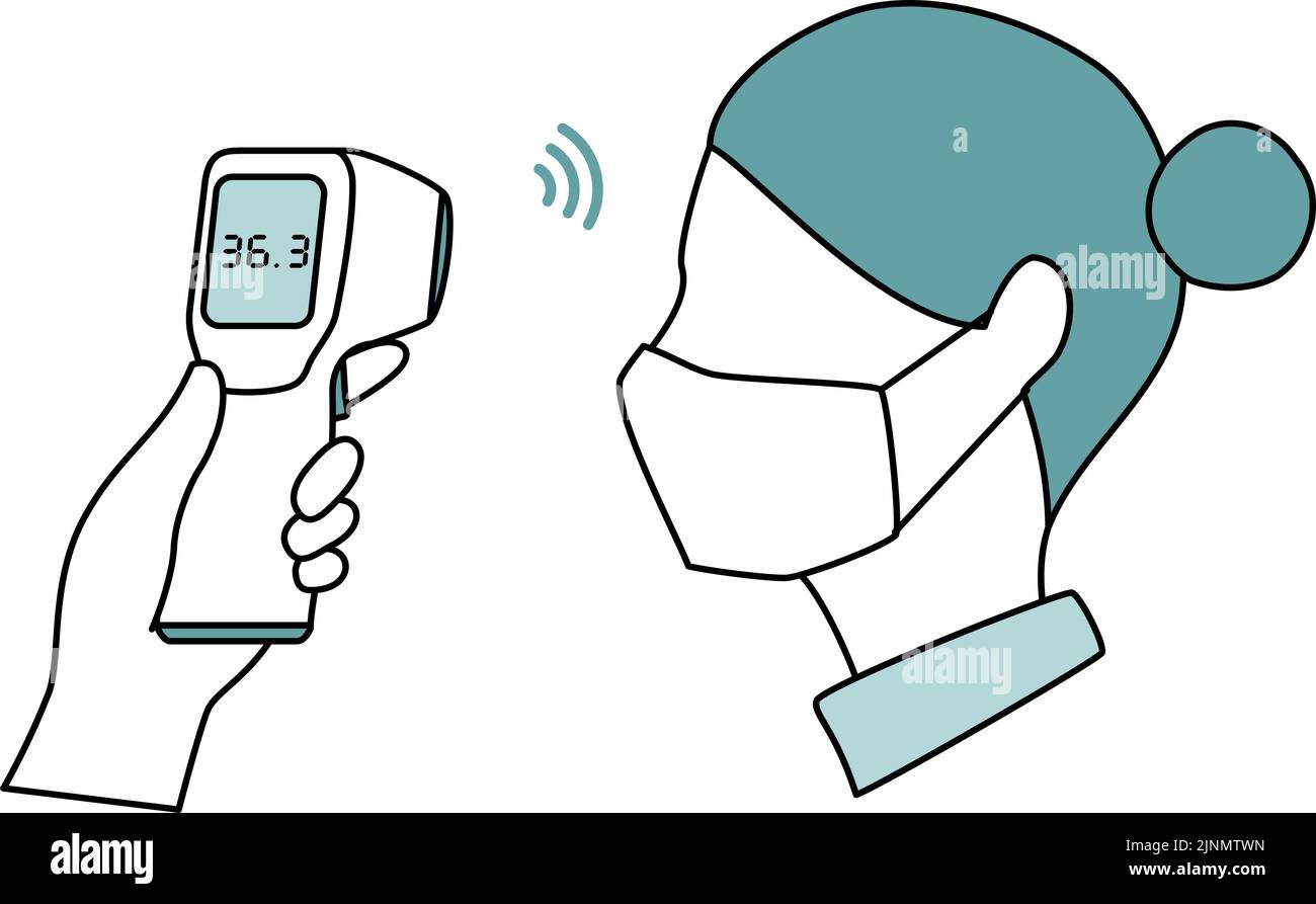 Eine Frau, die eine Maske trägt, die die Körpertemperatur mit einem berührungslosen Thermometer misst Stock Vektor