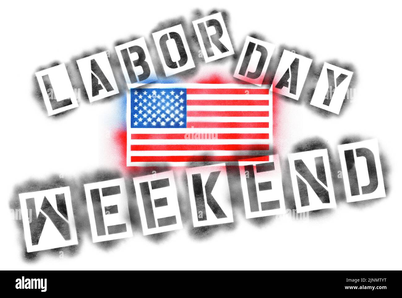 Amerikanische USA-Flagge und Labour Day-Wochenendtext in Sprühschablonen, isoliert auf Weiß Stockfoto