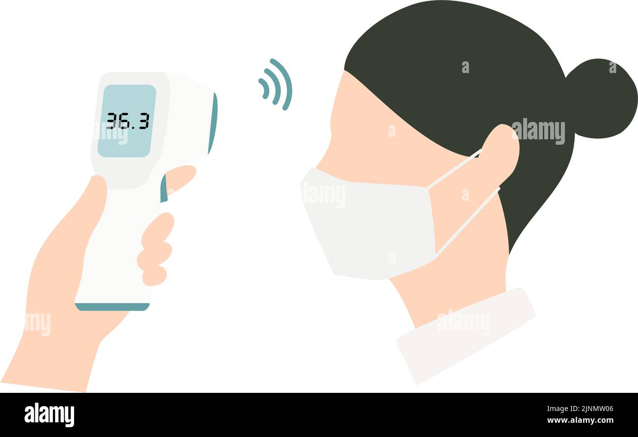 Eine Frau, die eine Maske trägt, die die Körpertemperatur mit einem berührungslosen Thermometer misst Stock Vektor