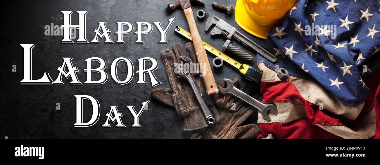 Happy Labor Day Hintergrund mit Bau-und Fertigungs-Tools mit patriotischen US, USA, amerikanische Flagge Hintergrund - Happy Labor Day Stockfoto