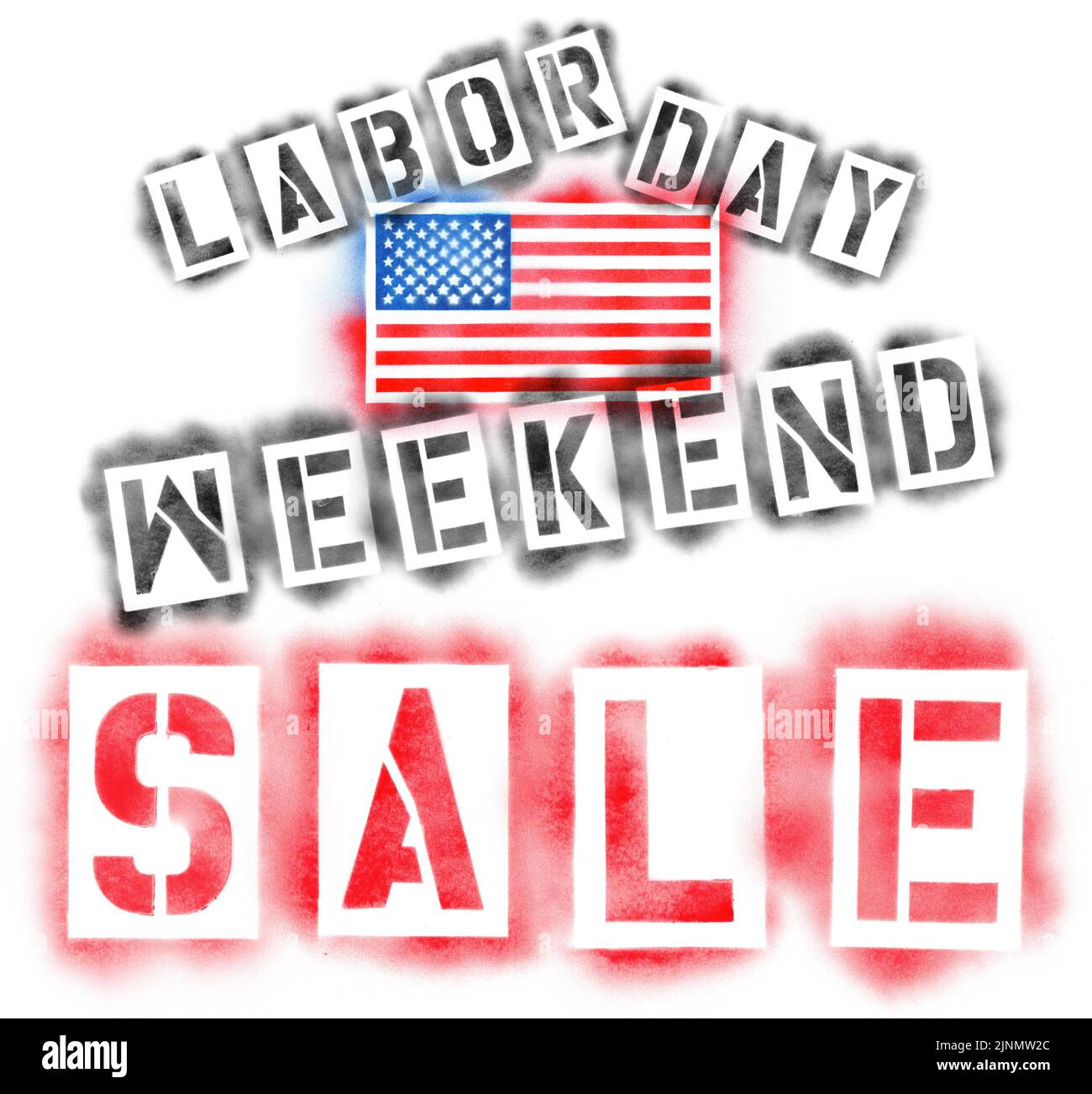Amerikanische USA Flagge und Labor Day Weekend Verkaufstext in Lackschablonen isoliert auf Weiß Stockfoto