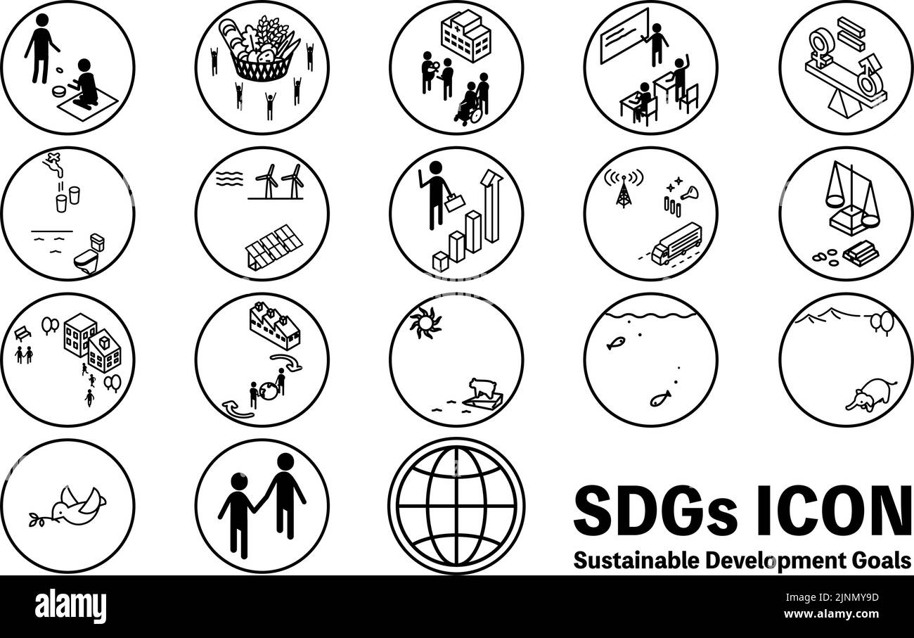 SDGs, kreisförmige Symbole für 17 Ziele, schwarz-weiße Version Stock Vektor