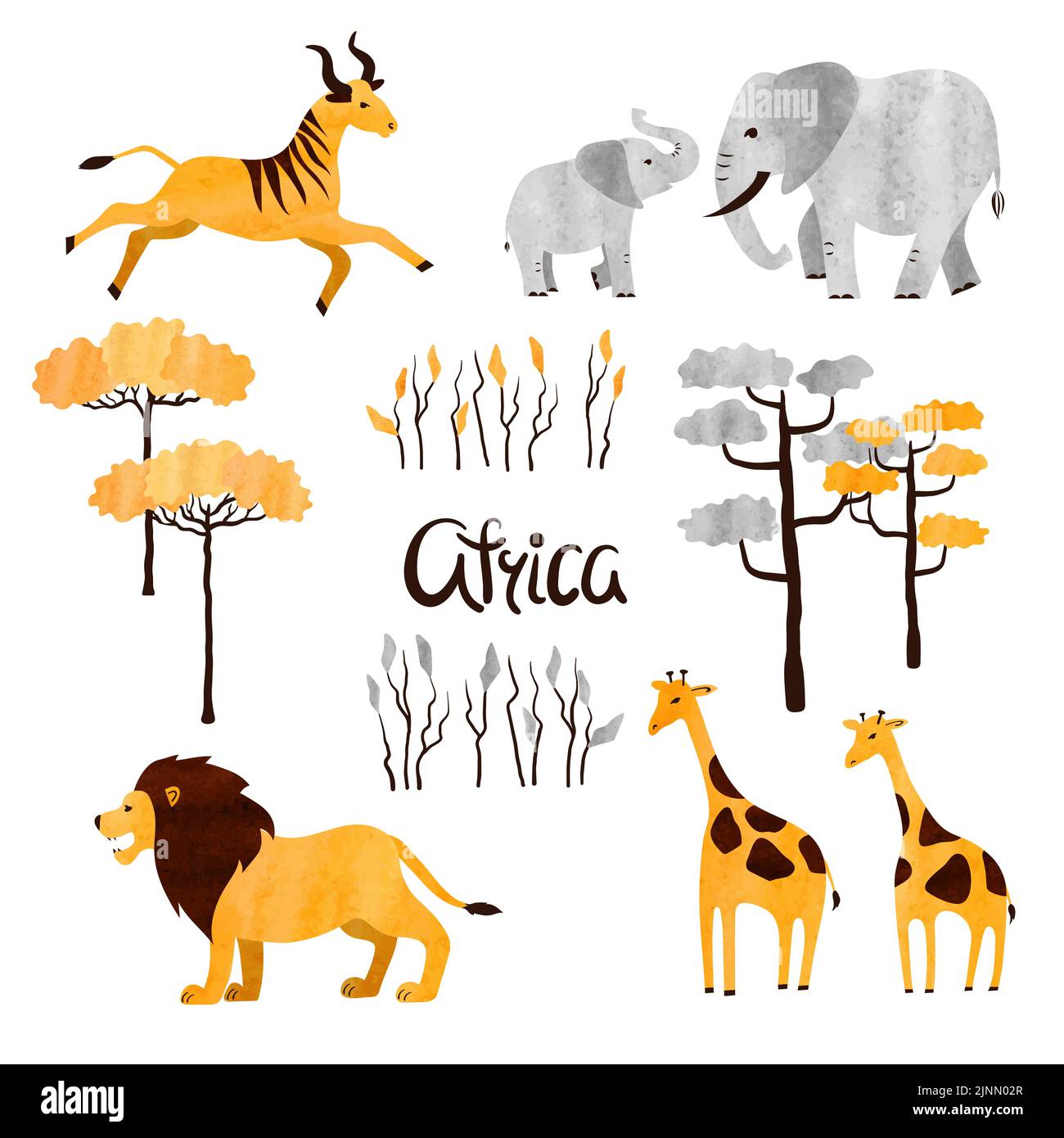 Nette Cartoon afrikanische Tiere und Bäume. Vektor Afrika Aquarell Set. Elefant, Löwe, Giraffe und Antilope. Stock Vektor