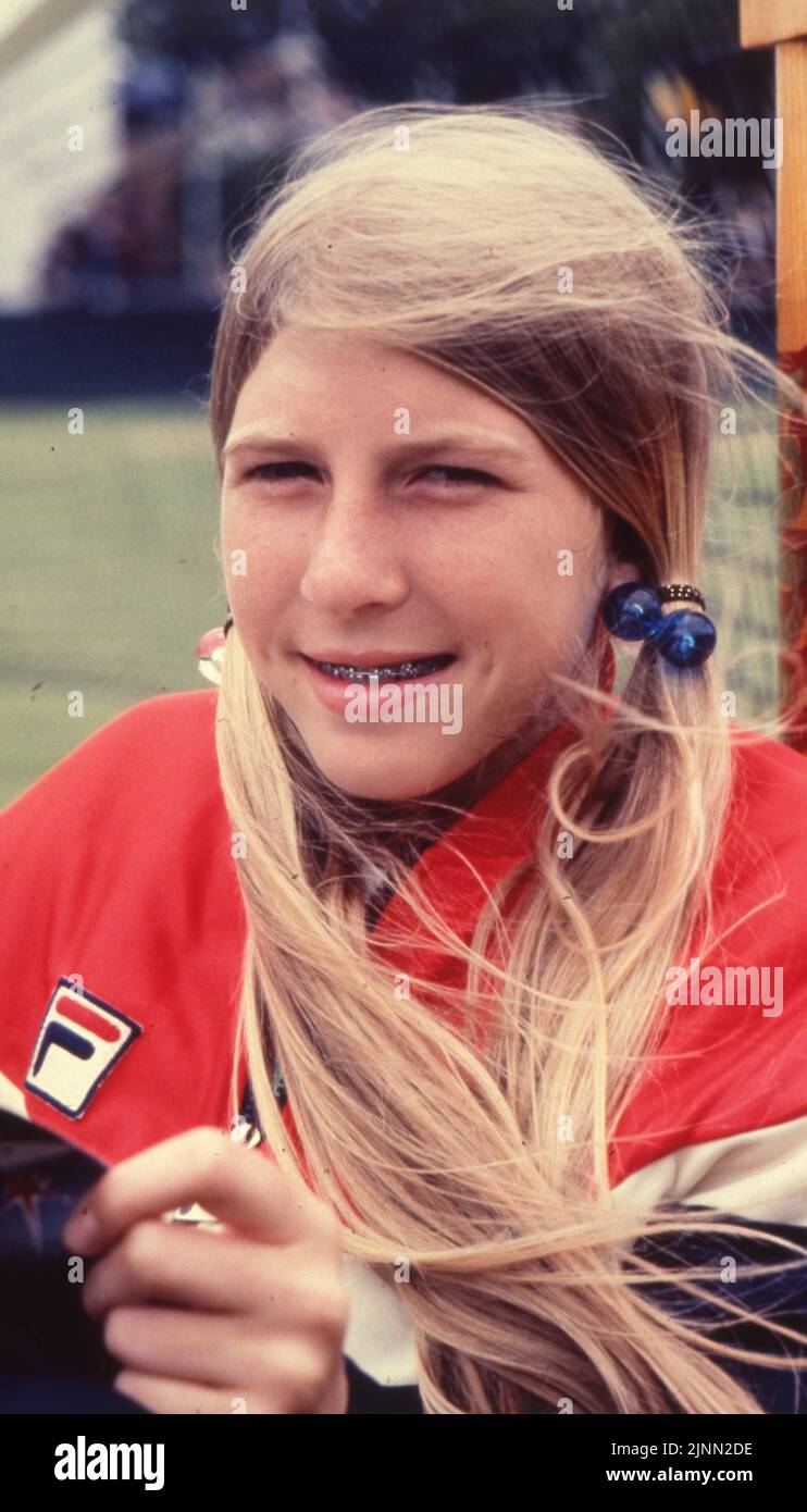 18. Juni 1980, Eastbourne, England, Großbritannien: Die 15-jährige ANDREA JAEGER aus Illinois schlug Rosemary Casals in der zweiten Runde des BMW Championship Tennis-Einzelspieles der Damen. (Bild: © Keystone Press Agency/ZUMA Press Wire) Stockfoto