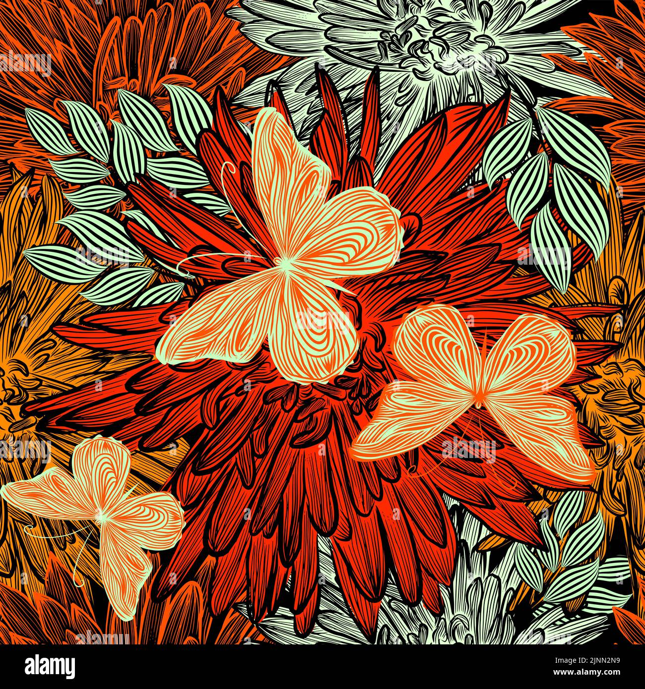 Nahtloses Blumenmuster. Herbstblumen und Schmetterlinge. Stock Vektor