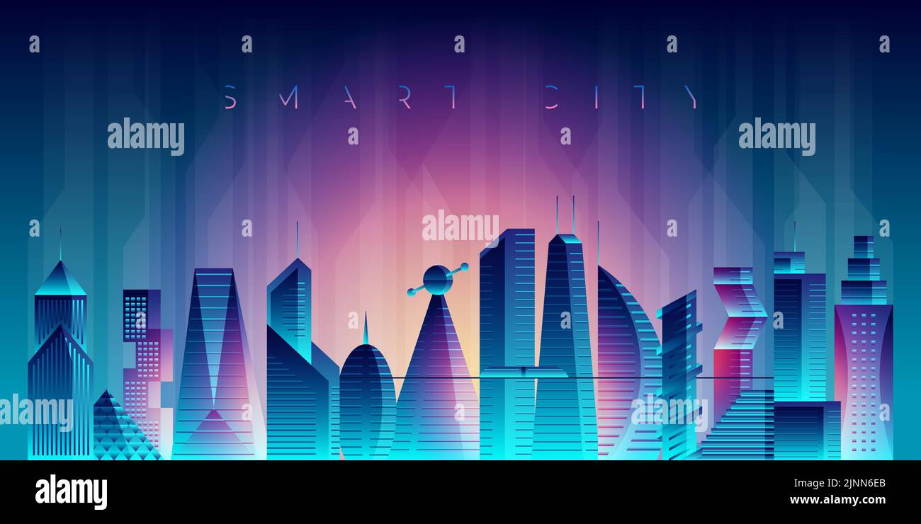 Smart City Landscape-Konzept der Zukunft. Wolkenkratzer in einer abstrakten Panorama-futuristischen Metropole in heller Nacht. Cyberpunk glühende Lichter Stadtlandschaft. Moderne kreative Stadtarchitektur. Vektorgrafik Stock Vektor