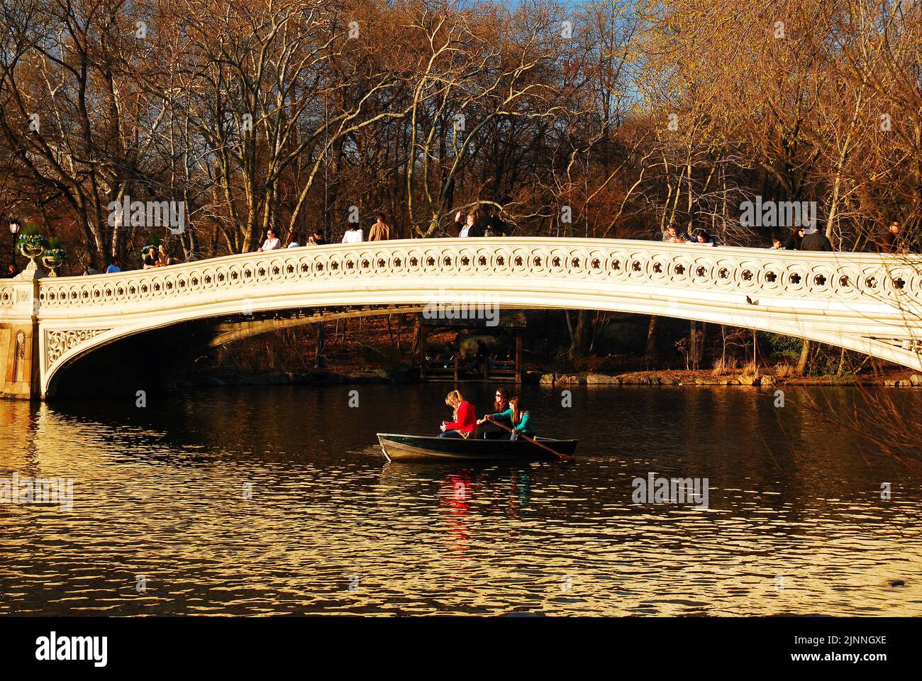 Eine Gruppe von Freunden rudern an einem frühen Frühlingstag unter der Bow Bridge des Central Park in New York Stockfoto