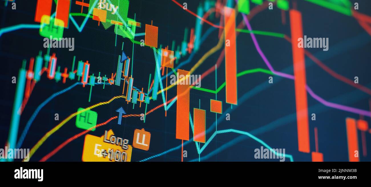Börsendiagramm, Aktienhandelsdiagramm Candlestick Finanzinvestitionshandel, Forex-Diagramm Geschäft oder Handel mit Krypto-Währung Stockfoto