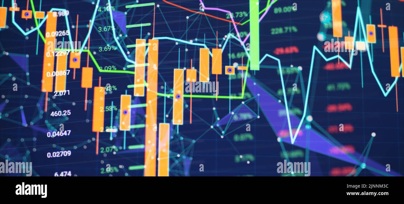 Börsendiagramm, Aktienhandelsdiagramm Candlestick Finanzinvestitionshandel, Forex-Diagramm Geschäft oder Handel mit Krypto-Währung Stockfoto