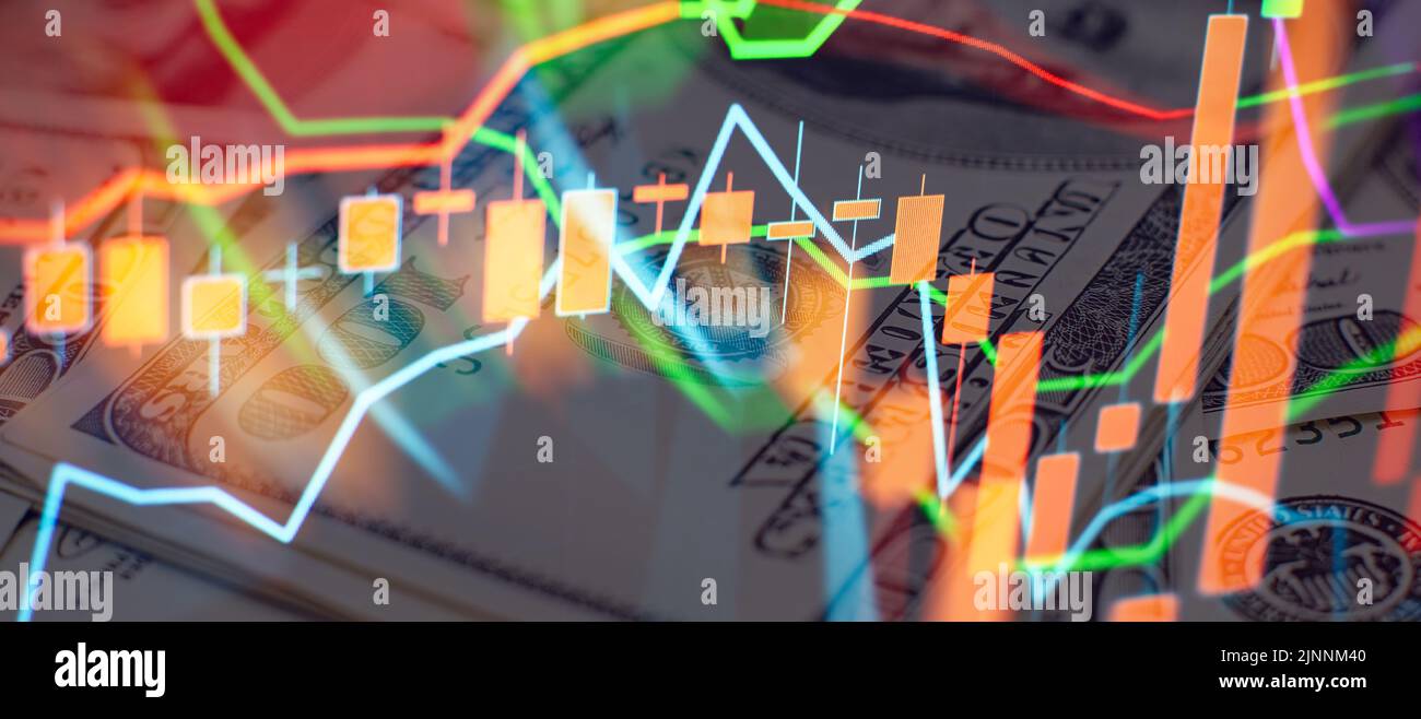 Börsendiagramm, Aktienhandelsdiagramm Candlestick Finanzinvestitionshandel, Forex-Diagramm Geschäft oder Handel mit Krypto-Währung Stockfoto