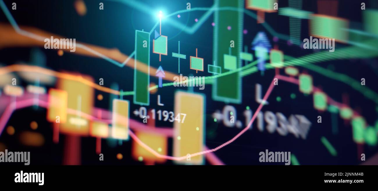 Börsendiagramm, Aktienhandelsdiagramm Candlestick Finanzinvestitionshandel, Forex-Diagramm Geschäft oder Handel mit Krypto-Währung Stockfoto