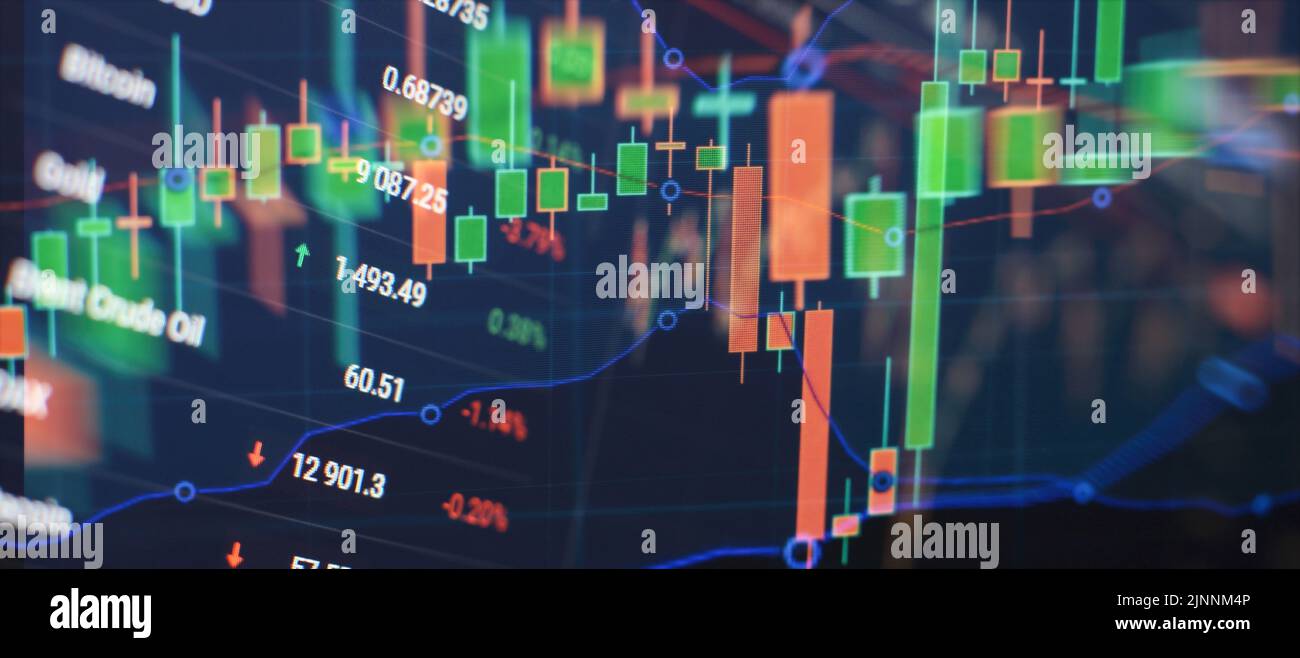 Börsendiagramm, Aktienhandelsdiagramm Candlestick Finanzinvestitionshandel, Forex-Diagramm Geschäft oder Handel mit Krypto-Währung Stockfoto