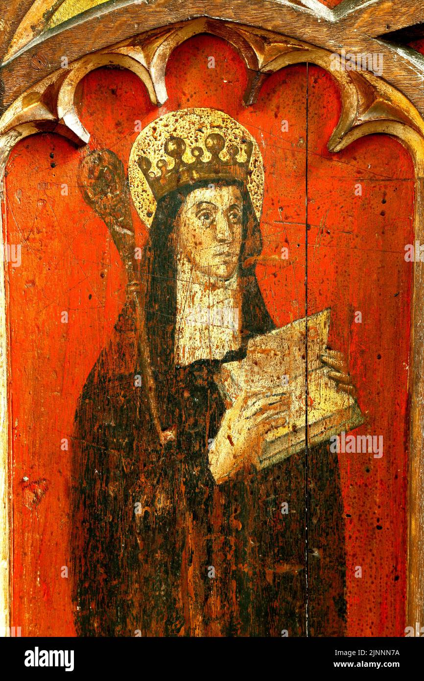 St. Etheldreda, Rood Screen Painting, c.1500, North Tuddenham, Norfolk, Heilige, Äbtissin, Königin von East Anglia Stockfoto
