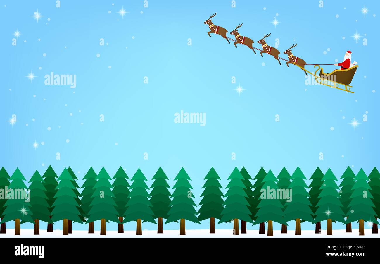 Der Weihnachtsmann fliegt auf einem von Rentieren gezeichneten Schlitten über eine Tanne und einen schneebedeckten Himmel Stock Vektor