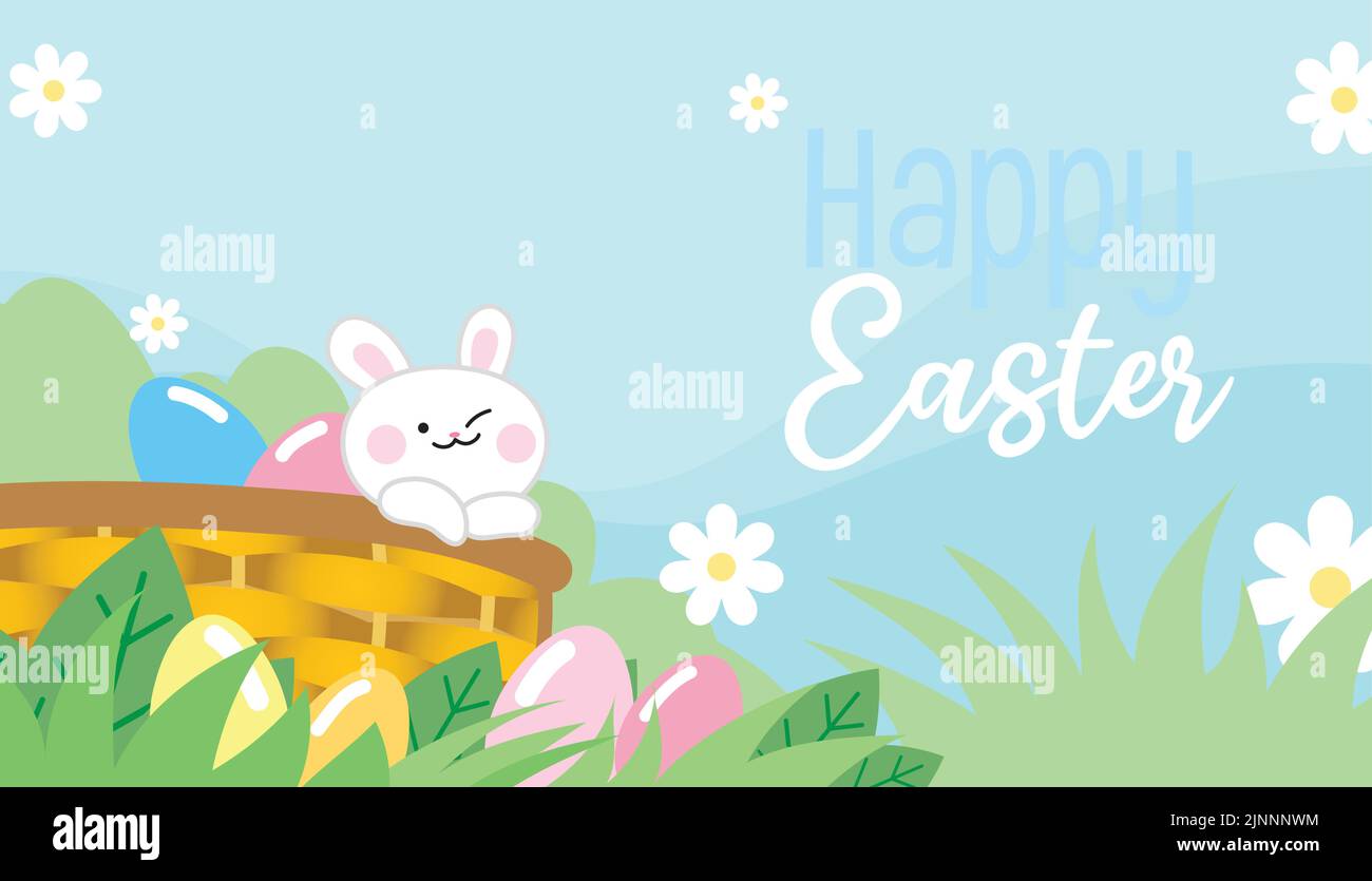 Süßes osterbaby und Eier in einem Weidenkorb im Gras mit Blumen. Frühlingsbanner für osterverkäufe, Eiersuche entzückende Cartoon-Zeichnung. Stock Vektor