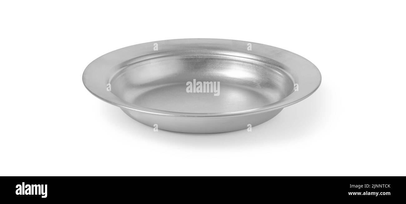 Silberne Metallplatte isoliert auf weißem Hintergrund mit Abschneideweg Stockfoto