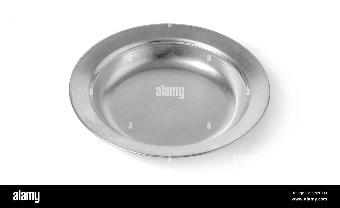 Silberne Metallplatte isoliert auf weißem Hintergrund mit Abschneideweg Stockfoto