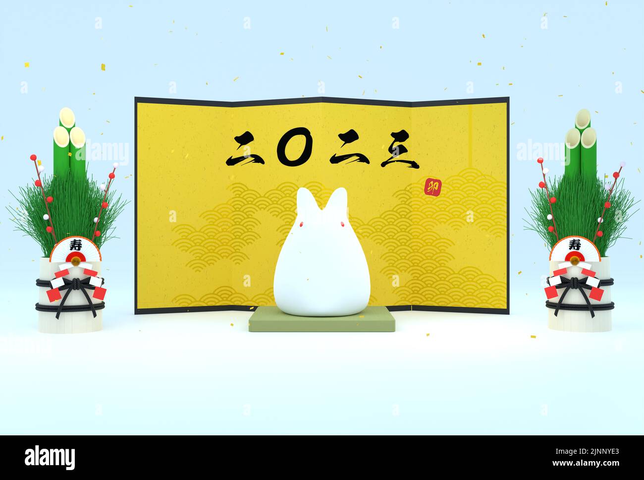 Japanische Neujahrskarte für das Jahr des Hasen, Hasen, Kadomatsu und des goldenen Faltschachts, 2023, 3DCG - Übersetzung: Kaninchen. Langlebigkeit. Stockfoto