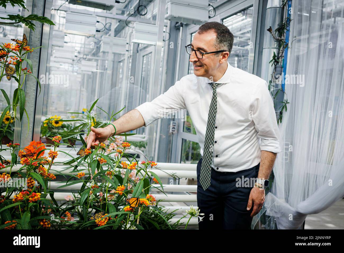 Stuttgart, Deutschland. 13.. Mai 2022. CEM Oezdemir (Bündnis 90/die Grünen), Bundesminister für Landwirtschaft und Ernährung, besucht anlässlich des Treffens der Agrarminister G7 in Stuttgart das Phytotechnikzentrum der Universität Hohenheim. Hier in einem Forschungsprojekt zur Anpassungsfähigkeit von Insekten an Giftstoffe in Futterpflanzen (Monarchfalter). Stuttgart, Den 13. Mai 2022. Kredit: dpa/Alamy Live Nachrichten Stockfoto