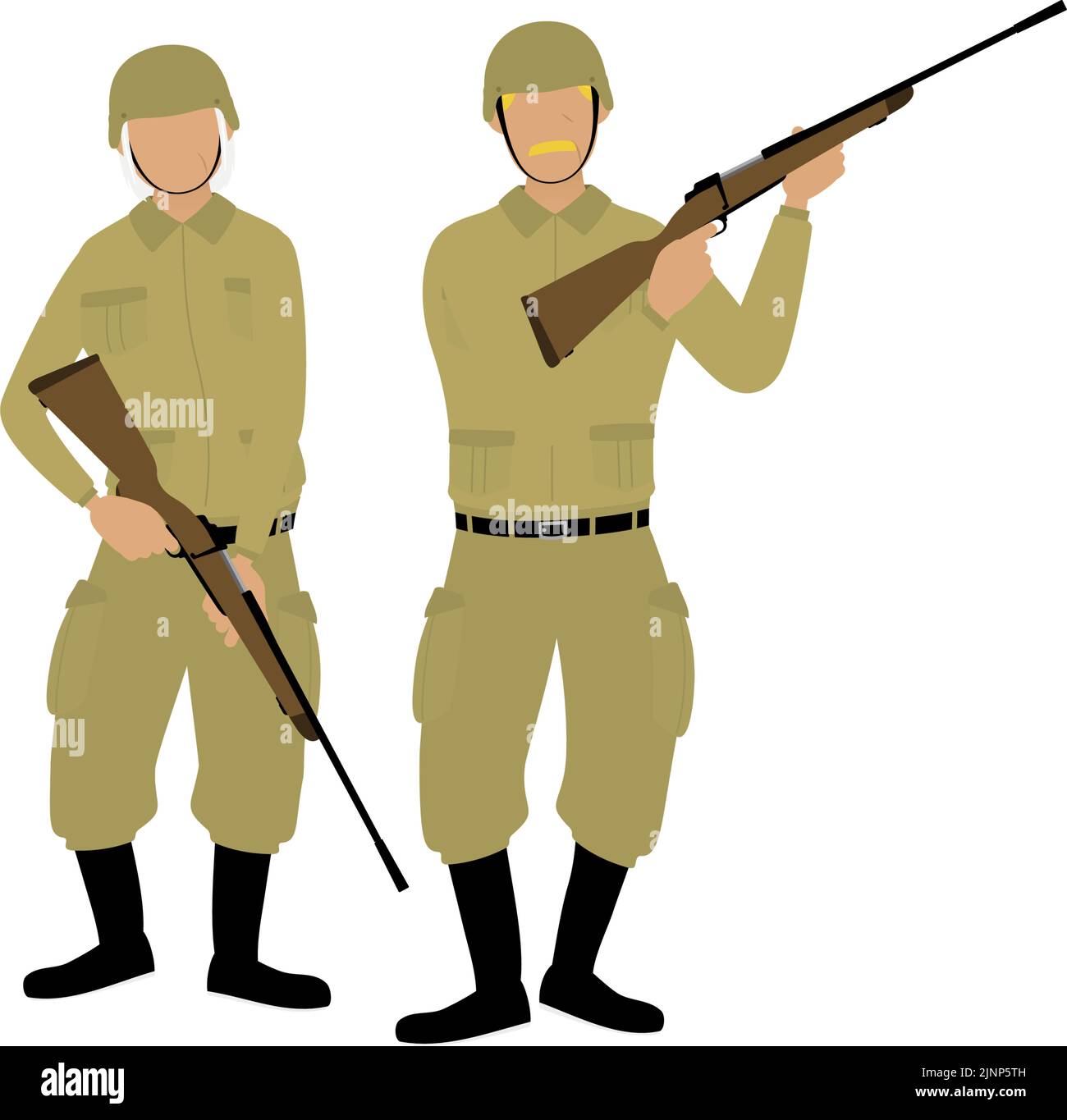 Männliche und weibliche Soldaten mit Gewehren, Krieg und wildes Spiel Stock Vektor