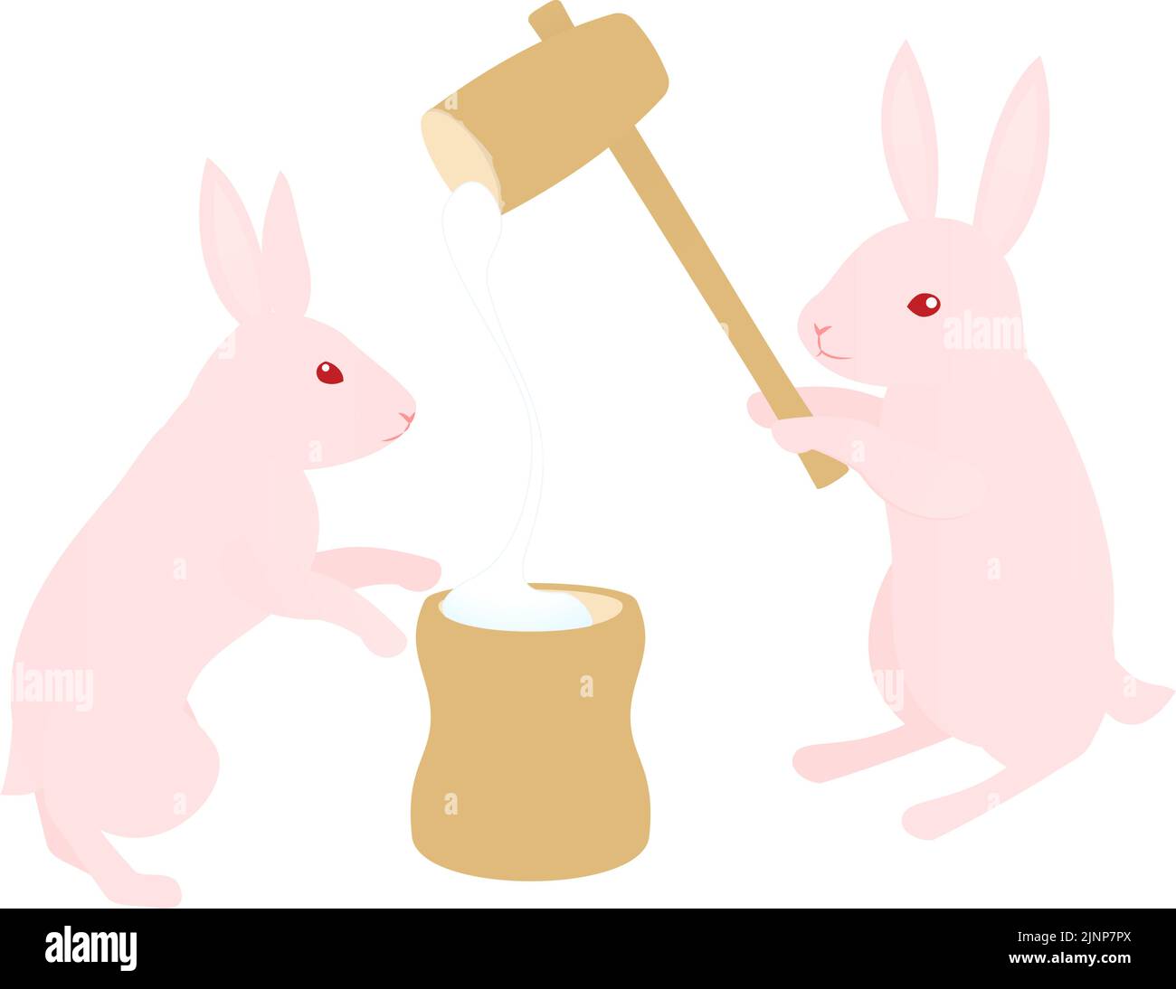 Kaninchen mit Stößel und Mörser, um Reiskuchen zu machen; Reiskuchen, die sich strecken Stock Vektor