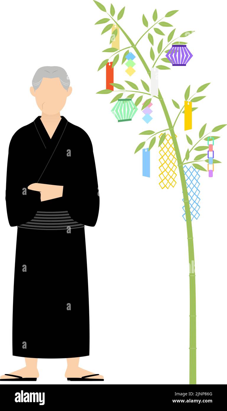 Älterer Mann in Yukata, Blick auf einen Tanabata-Bambuszweig, Bild von Tanabata Stock Vektor