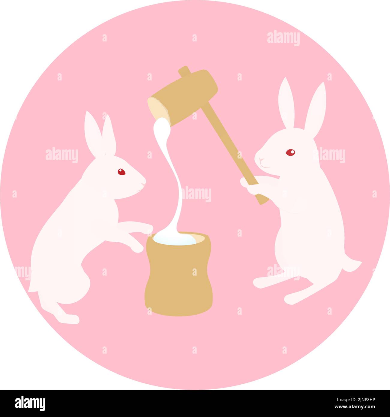 Kaninchen, die Reiskuchen mit Stößel und Mörser machen, Reiskuchen strecken, rosa runde Symbole. Stock Vektor