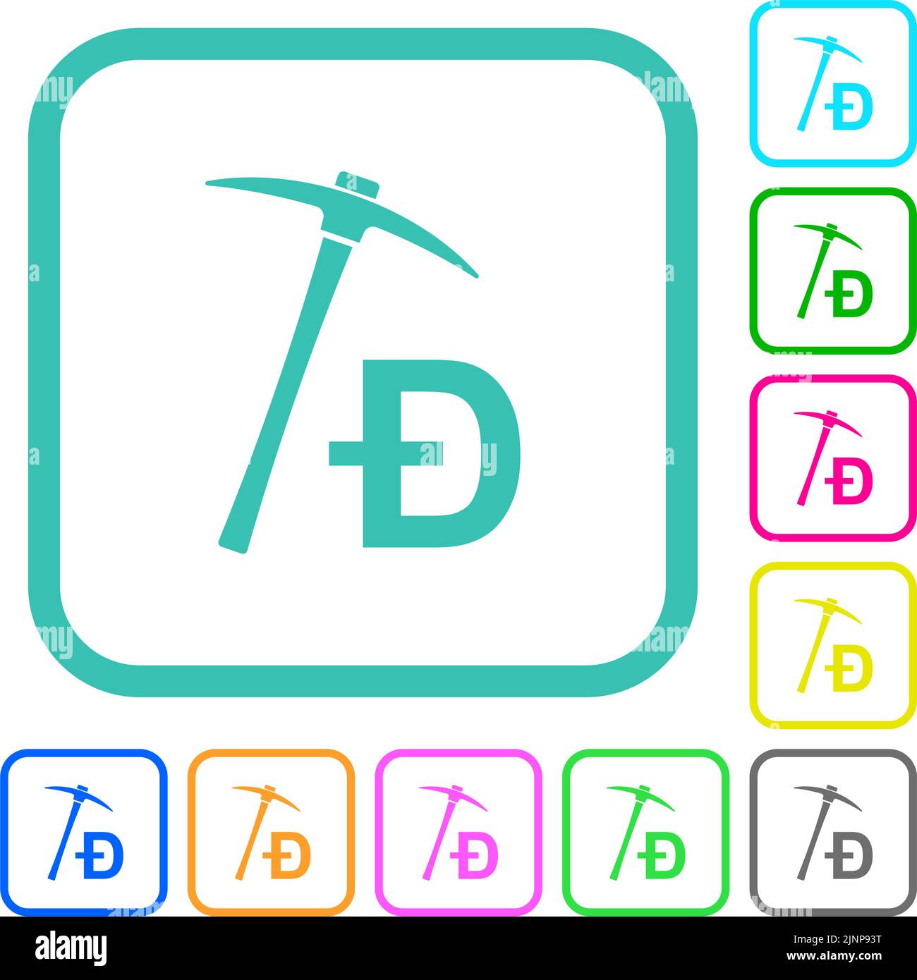 Dogecoin Kryptowährung Bergbau mit Schatz lebendige farbige flache Symbole in gebogenen Rändern auf weißem Hintergrund Stock Vektor