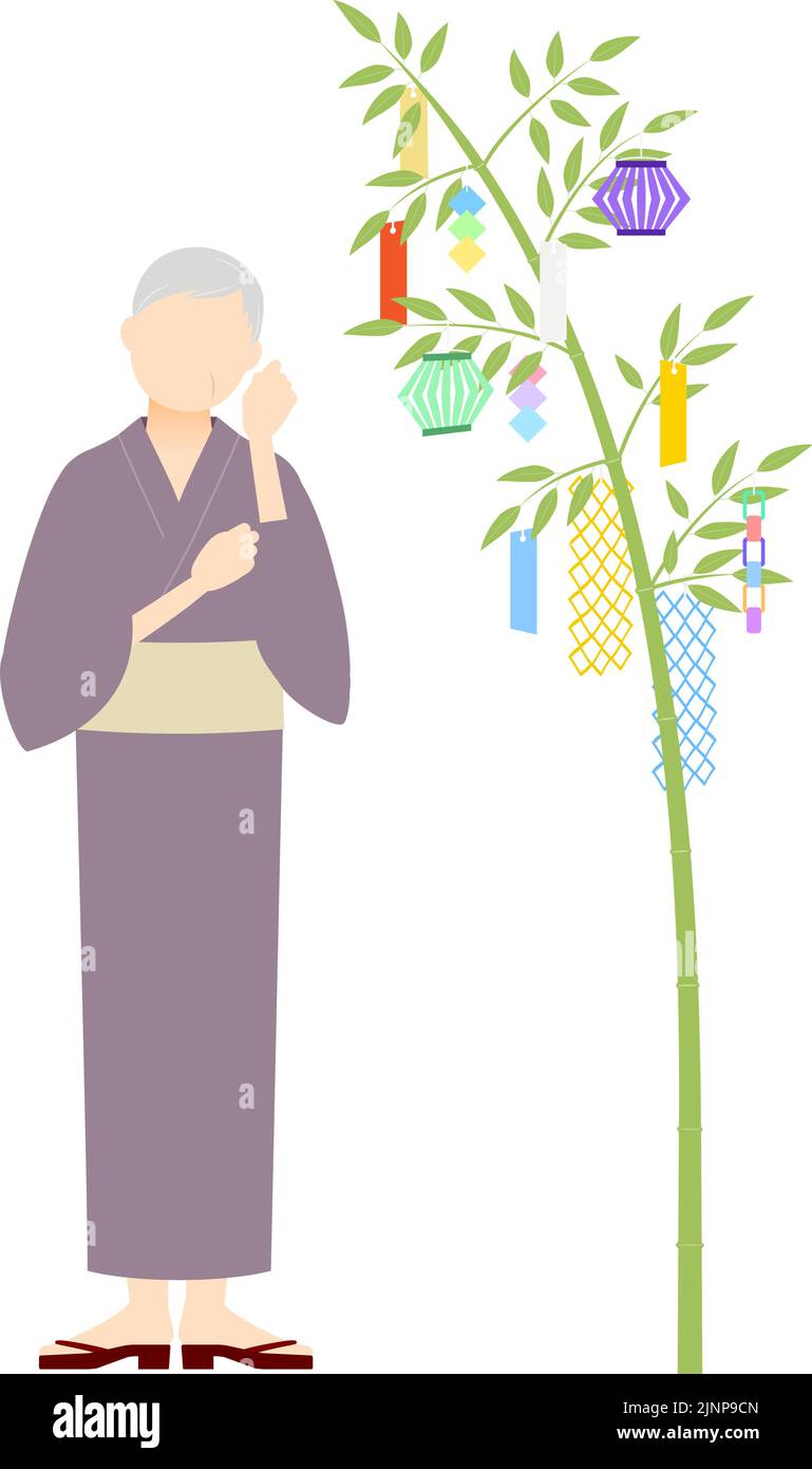 Ältere Frau in Yukata, Blick auf einen Tanabata-Bambuszweig, Bild von Tanabata Stock Vektor