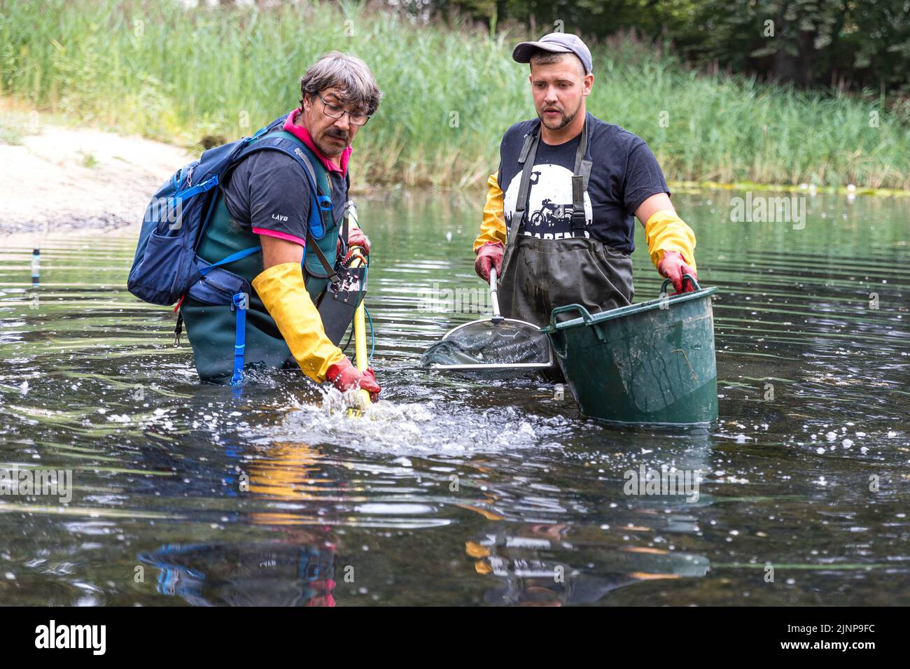 Senftenberg, Deutschland. 13. August 2022. Der Angler Ralf Stephan (l