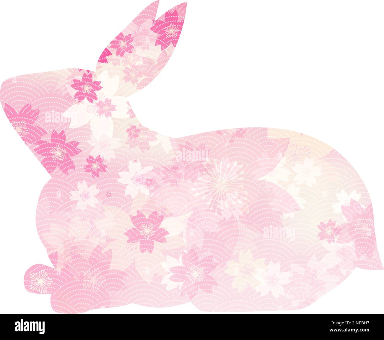 Kaninchen (sitzend), Kirschblüte und japanische Mustersilhouette. Stock Vektor