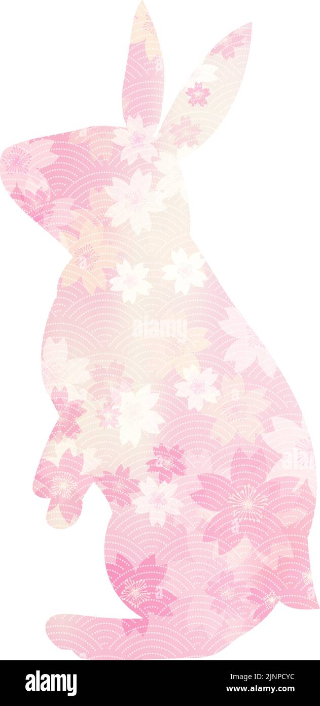 Kaninchen, die nach oben schauen (stehen), Kirschblüten und japanische Mustersilhouette. Stock Vektor