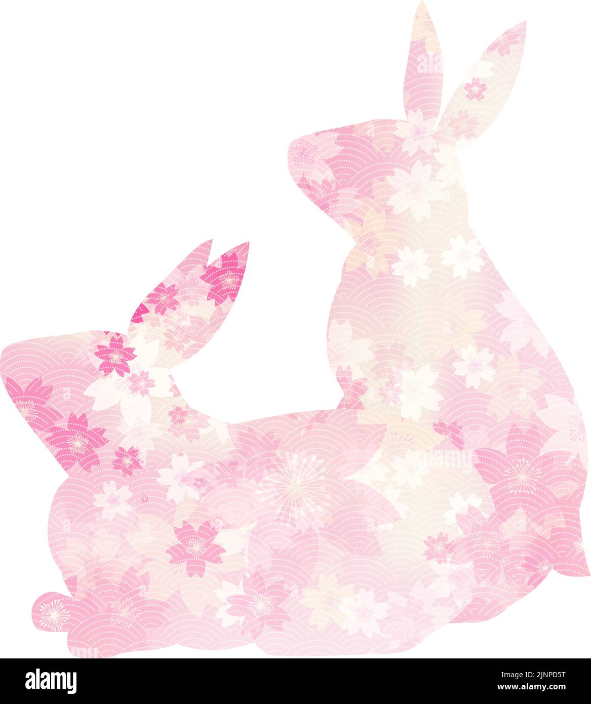 Zwei Kaninchen schauen nach oben, Kirschblüten und japanische Silhouetten. Stock Vektor
