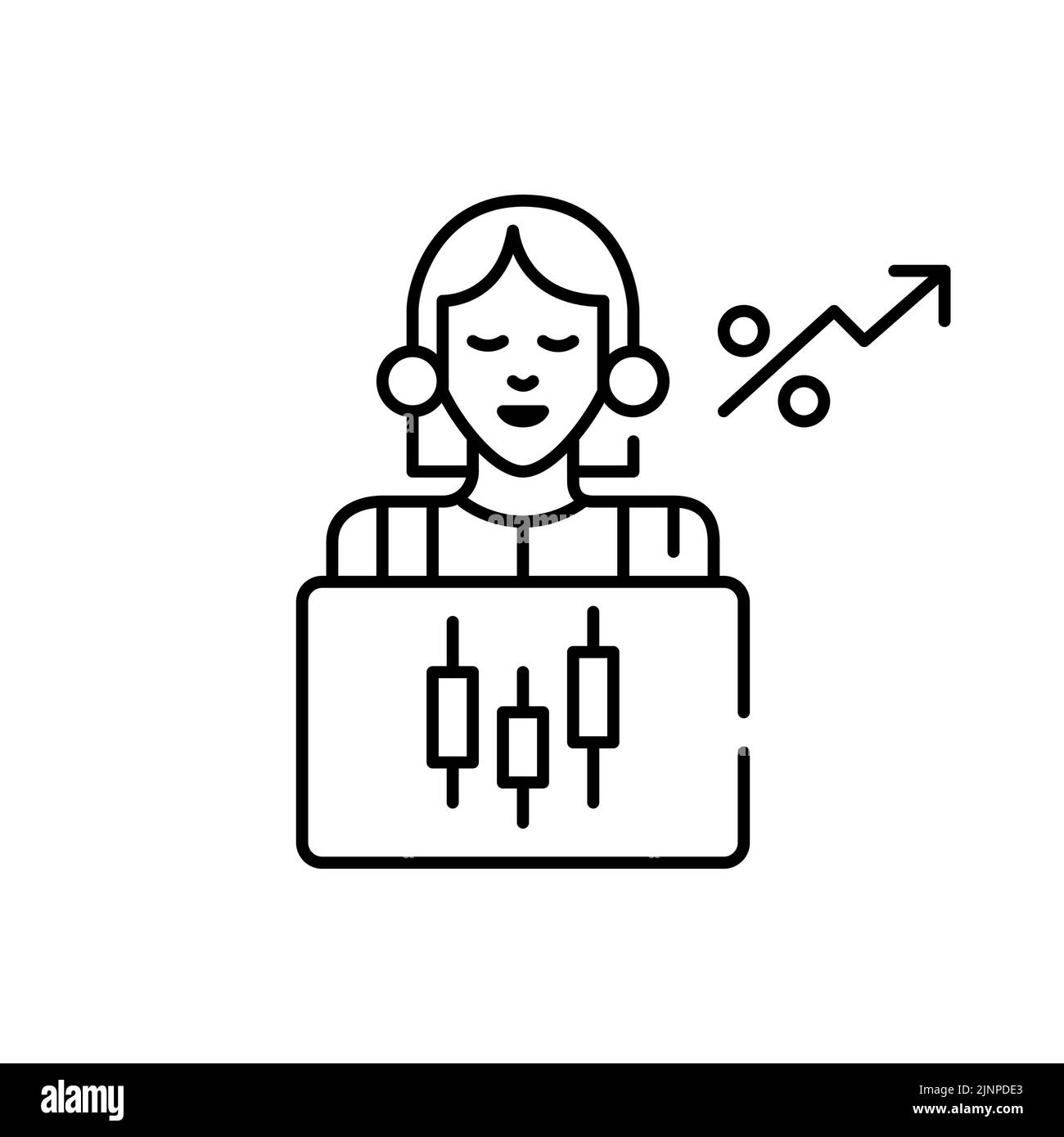 Junge Frau, die mit ihrem Laptop an der Börse handelt und investiert. Pixel-perfektes, bearbeitbares Strichsymbol Stock Vektor