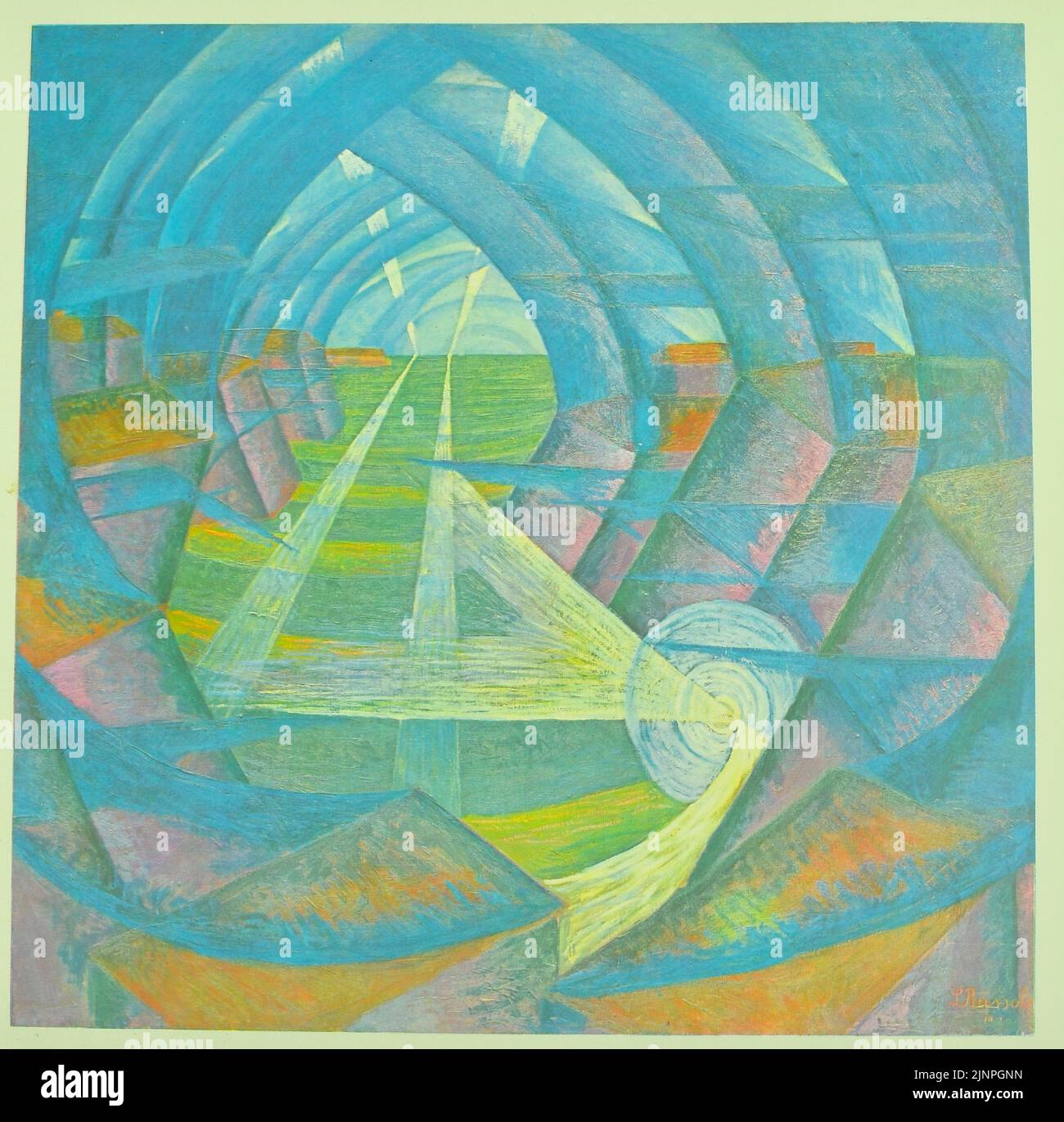 Luigi Carlo Filippo Russolo (30. April 1885 – 4. Februar 1947) war ein italienischer futuristischer Maler, Komponist, Erbauer experimenteller Musikinstrumente und Autor des Manifests The Art of Noises (1913). Gemälde mit dem Titel: Häuser und Licht, 1912. Stockfoto
